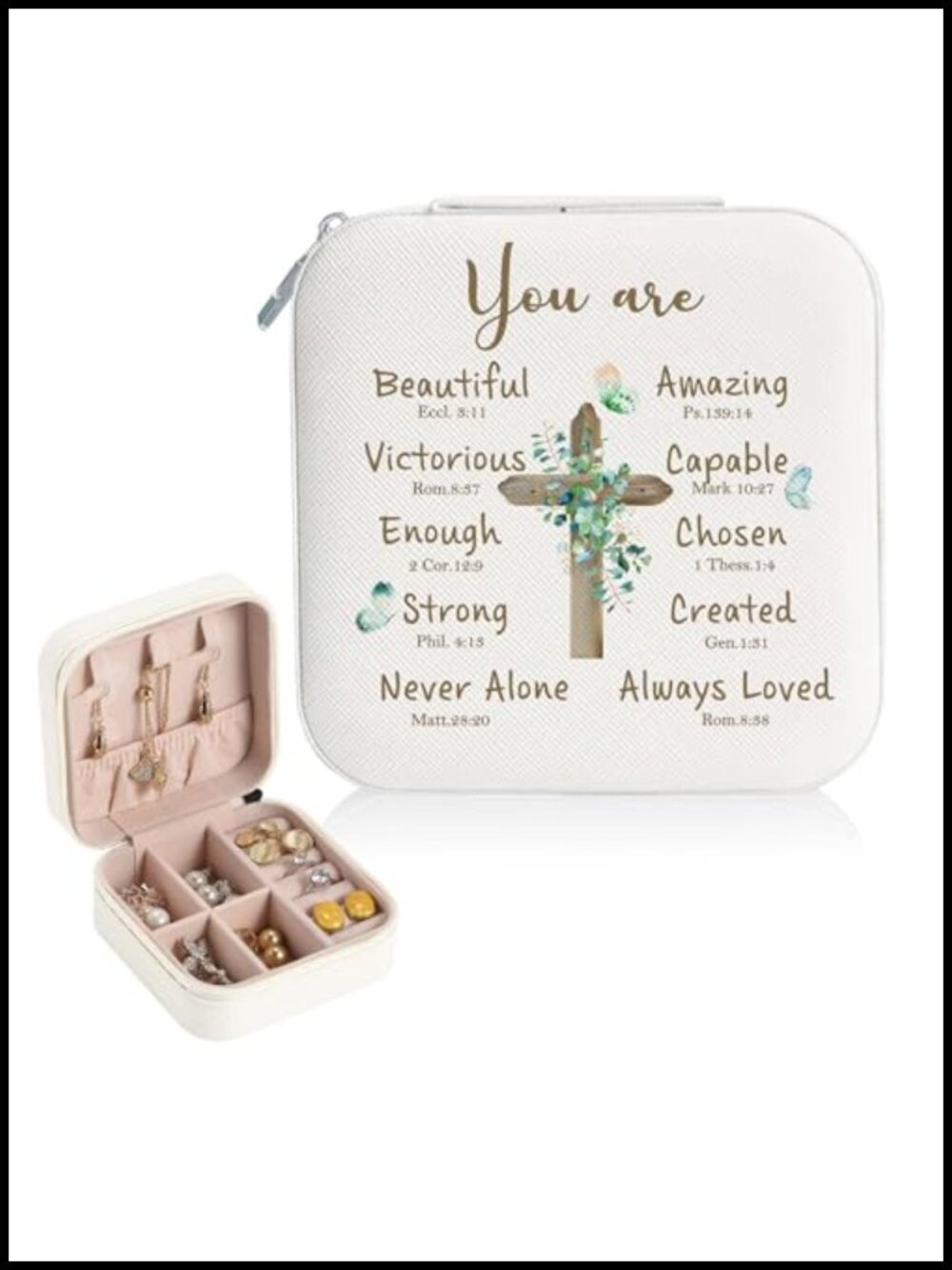Christian Inspirational Jewelry Box PU Square Bible Verse Gift for Women Mom